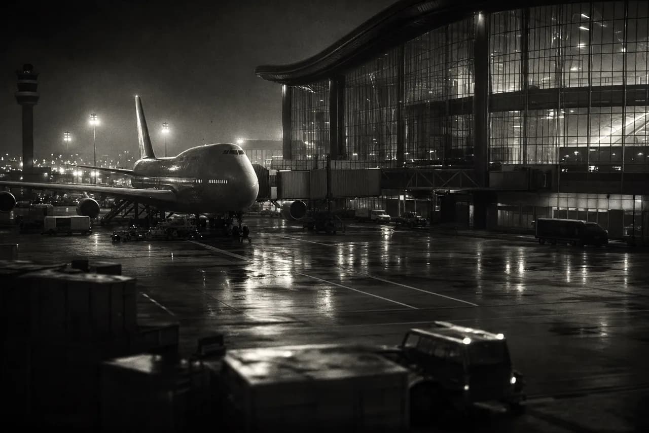 Black and white international airport terminal at night with a wide-body jet at a jet bridge under floodlights and a control tower in the distance