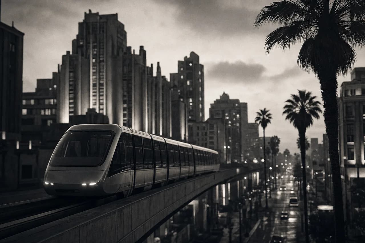 Black and white elevated automated metro people-mover gliding along a concrete guideway between art-deco towers at dusk