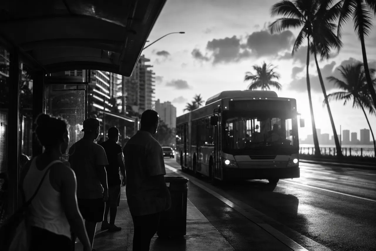 Black and white cinematic view of a city bus pulling into a palm-lined stop with waiting passengers in silhouette