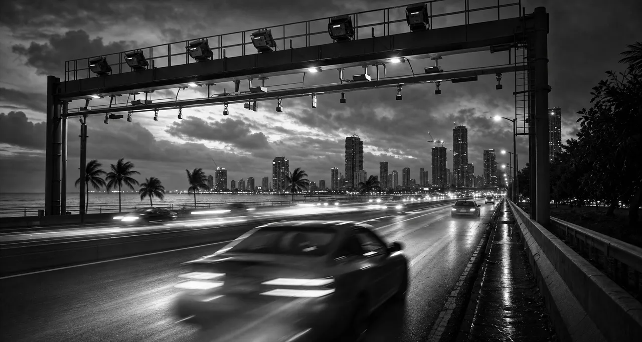 Black and white cinematic view of an electronic toll gantry spanning a highway at dusk with streaking headlights