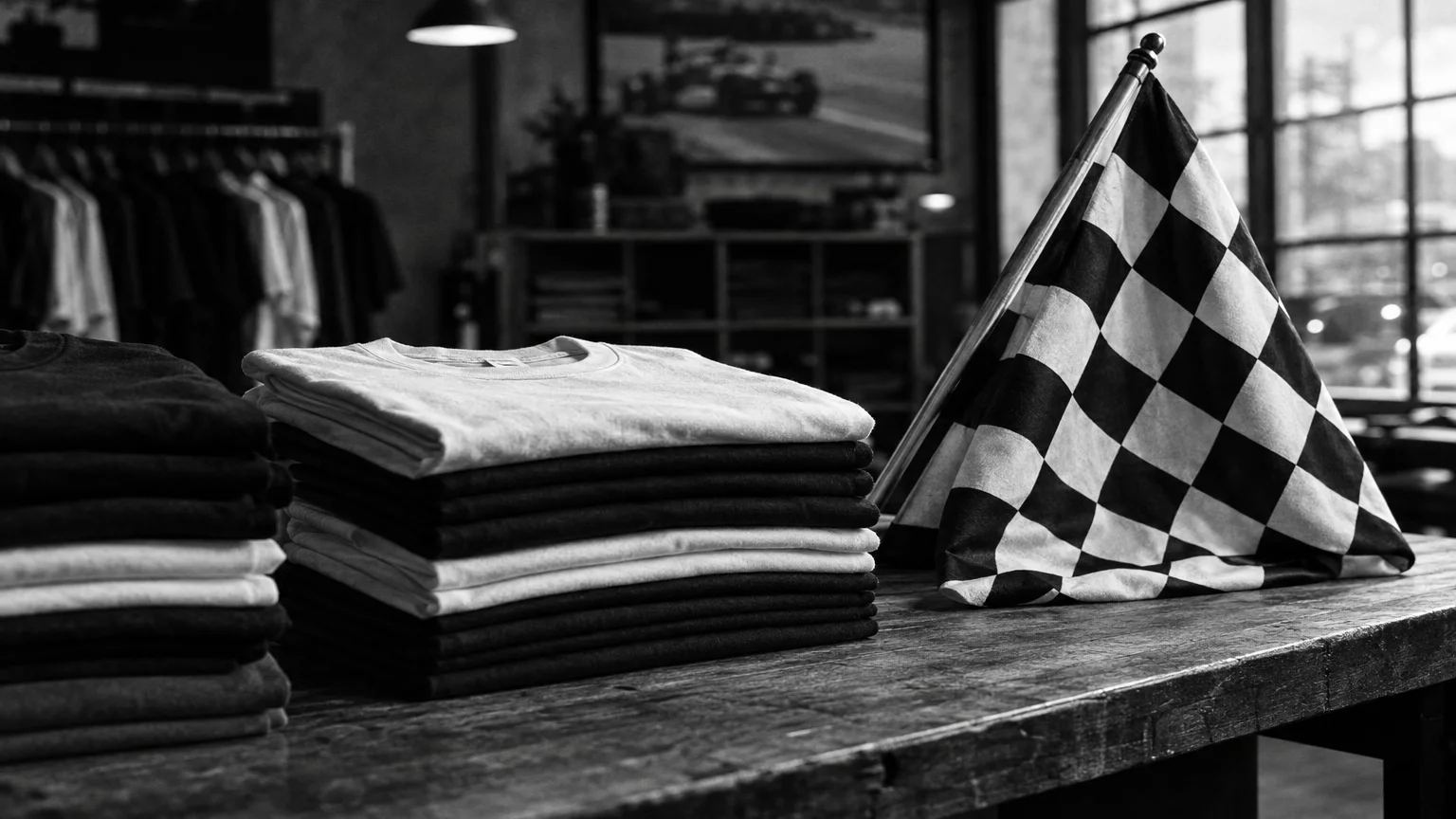 Black and white cinematic photograph of folded tee shirts stacked beside a chequered flag on a shop table