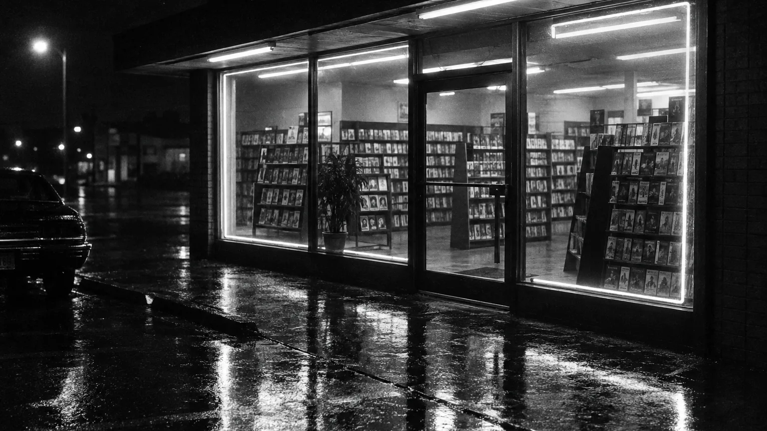 Black and white cinematic shot of a video rental storefront at night, shelves of cases visible through the glass