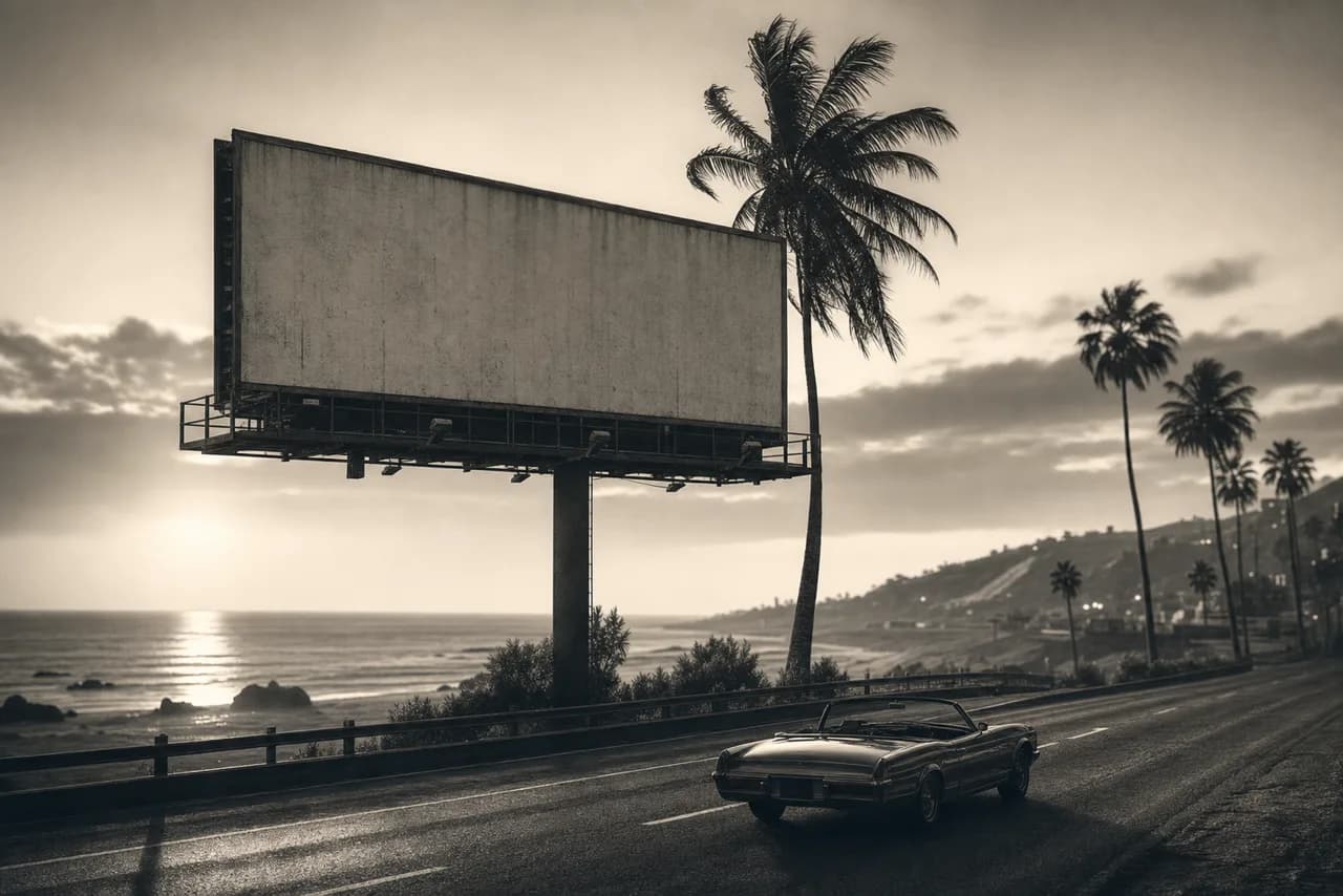 Black and white blank roadside tourism billboard on a coastal highway at golden-hour dusk with palm trees, an empty beach and a lone convertible below
