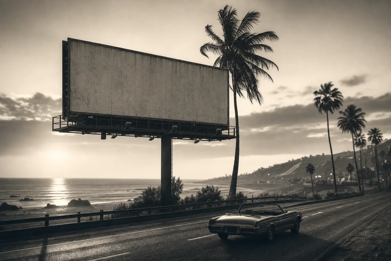Black and white blank roadside tourism billboard on a coastal highway at golden-hour dusk with palm trees, an empty beach and a lone convertible below