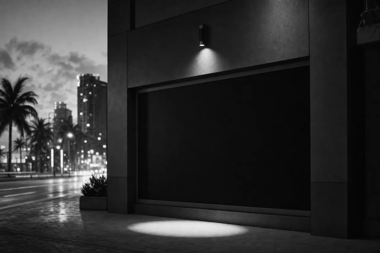 Black and white cinematic view of a stark black storefront with an empty dark window and a single pavement spotlight