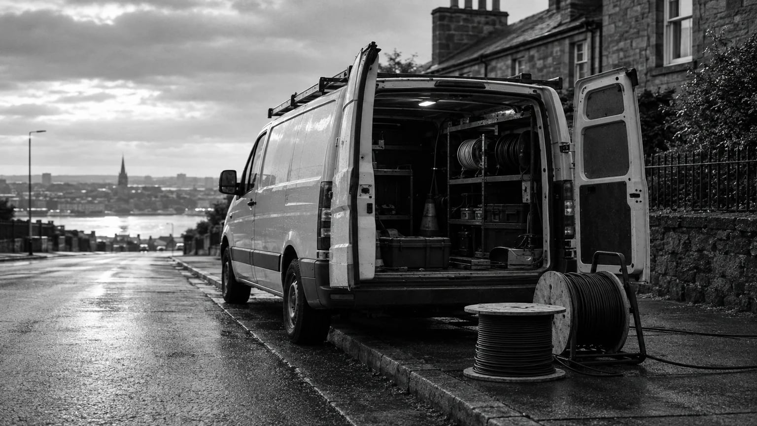 Black and white cinematic photograph of a work van parked at a kerb with cable reels beside the rear doors