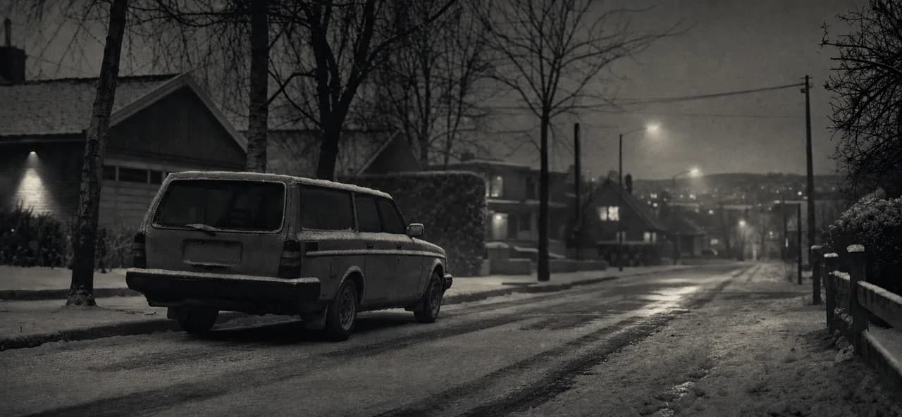 Black and white cinematic concept image of a boxy Scandinavian estate wagon parked on a quiet suburban street