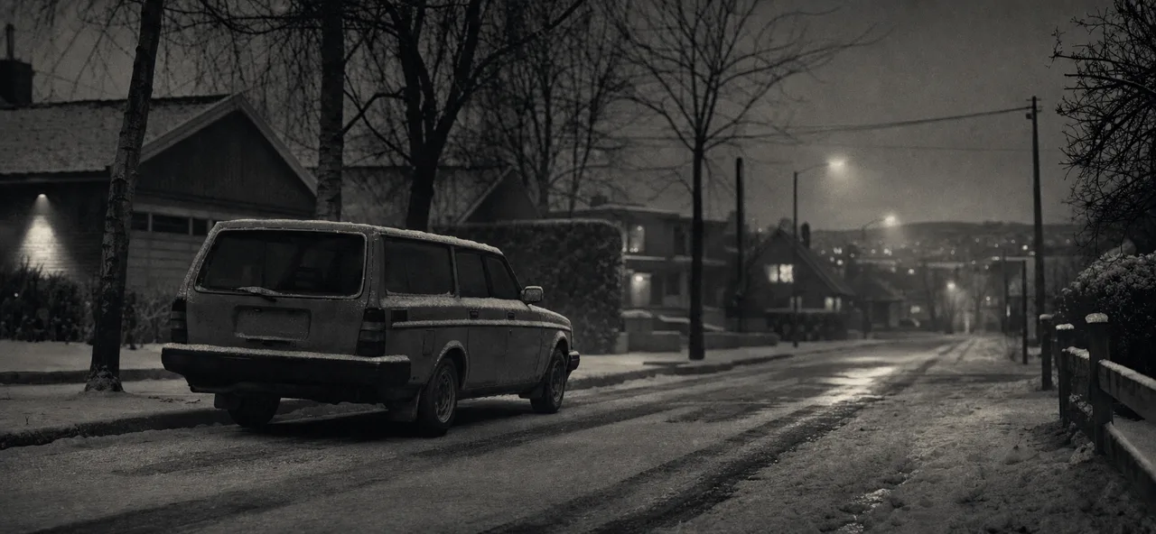 Black and white cinematic concept image of a boxy Scandinavian estate wagon parked on a quiet suburban street