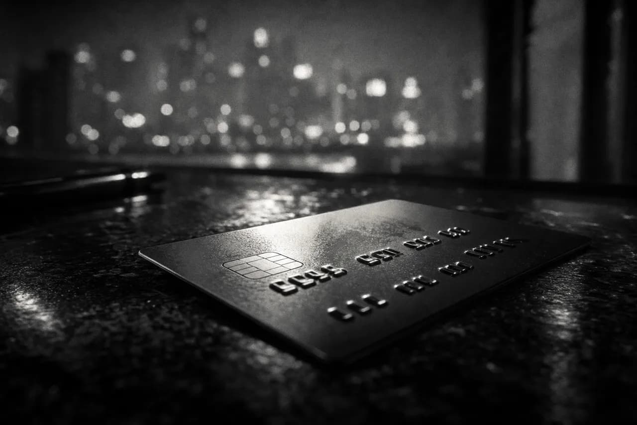 Black and white macro of a glossy blank credit card on a dark reflective surface with city light bokeh behind