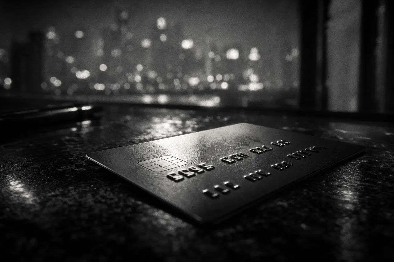 Black and white macro of a glossy blank credit card on a dark reflective surface with city light bokeh behind