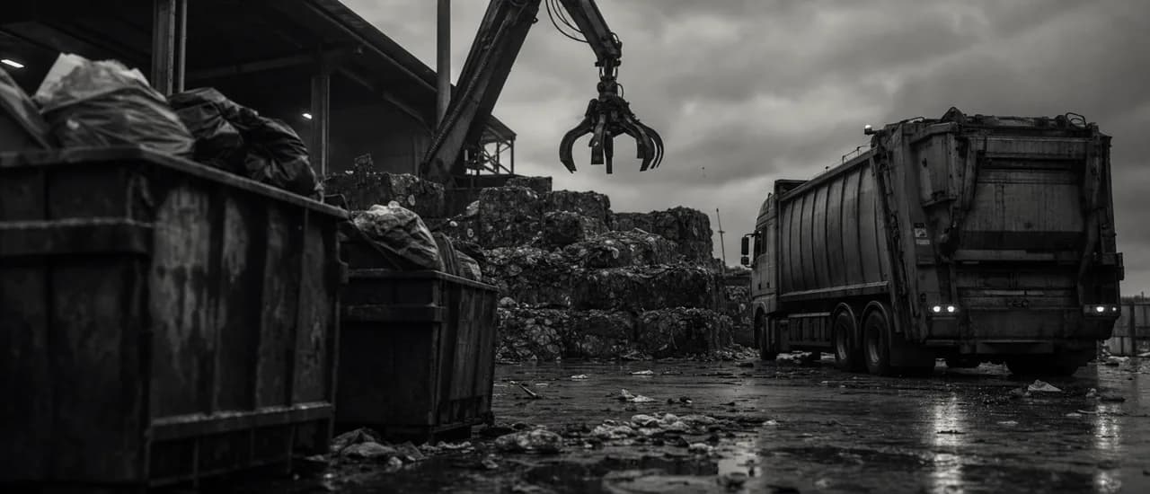 Black and white cinematic view of a grimy waste transfer station with industrial dumpsters, a refuse heap and a garbage truck