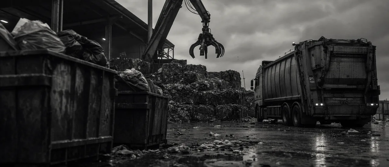 Black and white cinematic view of a grimy waste transfer station with industrial dumpsters, a refuse heap and a garbage truck