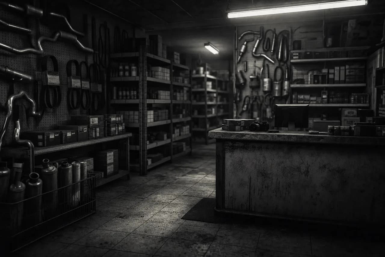 Black and white cluttered auto-parts store interior with long aisles of boxed car parts, hanging exhaust pipes and a worn service counter under flickering lights
