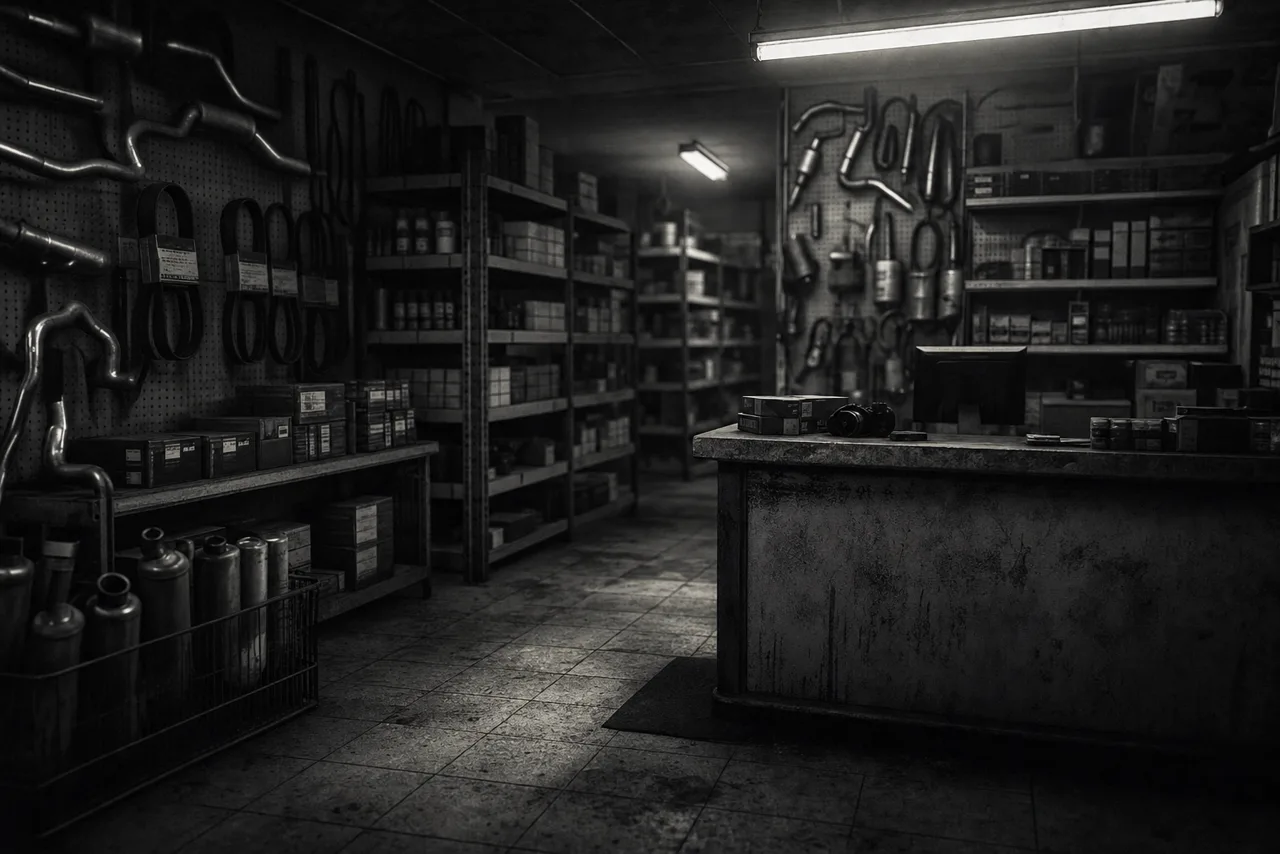 Black and white cluttered auto-parts store interior with long aisles of boxed car parts, hanging exhaust pipes and a worn service counter under flickering lights