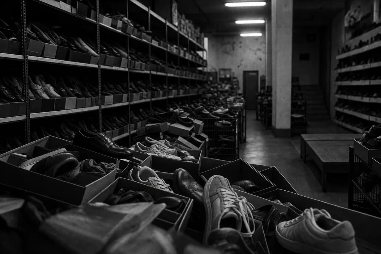 Black and white no frills discount shoe store with towering racks of open shoeboxes crammed in long aisles