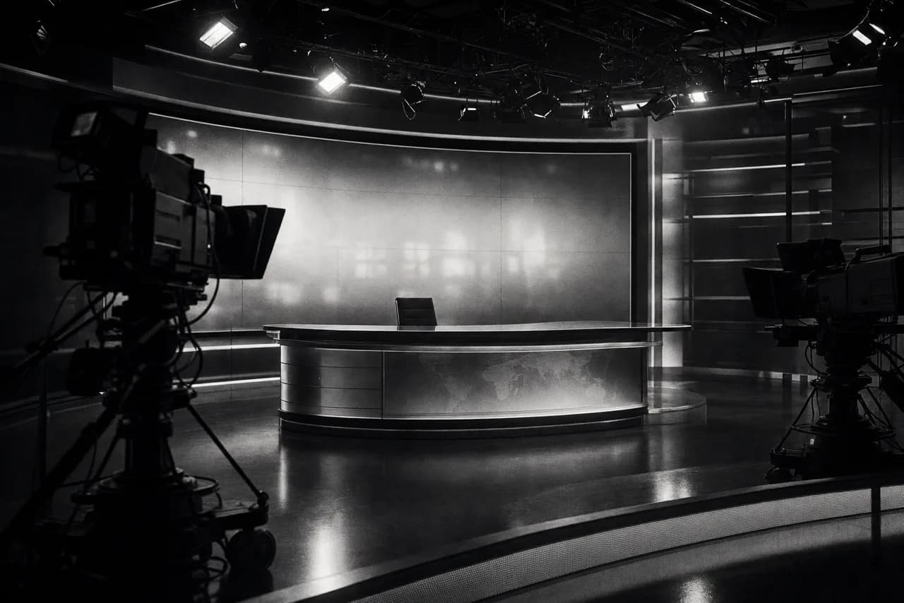 Black and white broadcast news studio with an empty anchor desk under cold lights and rows of cameras