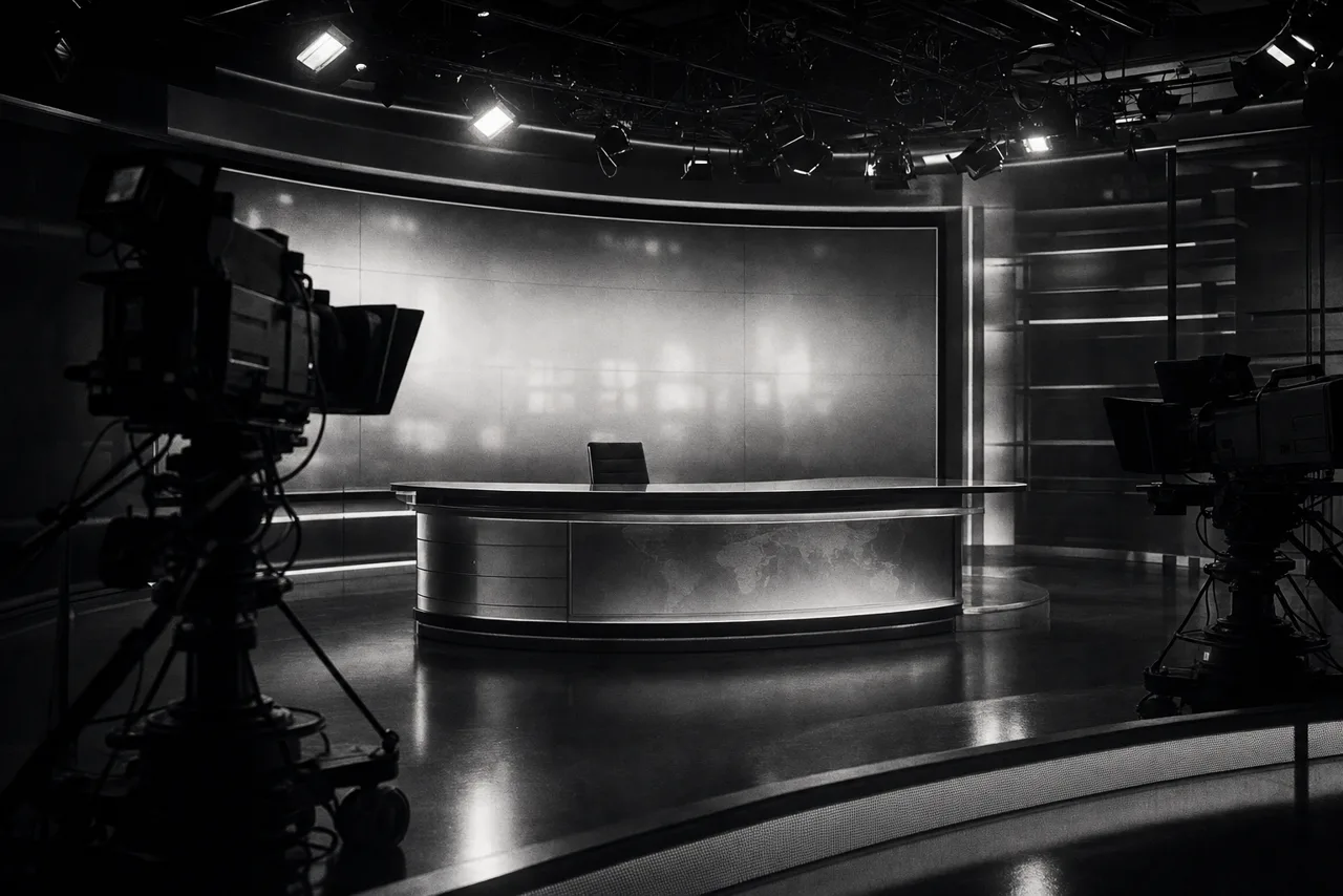 Black and white broadcast news studio with an empty anchor desk under cold lights and rows of cameras