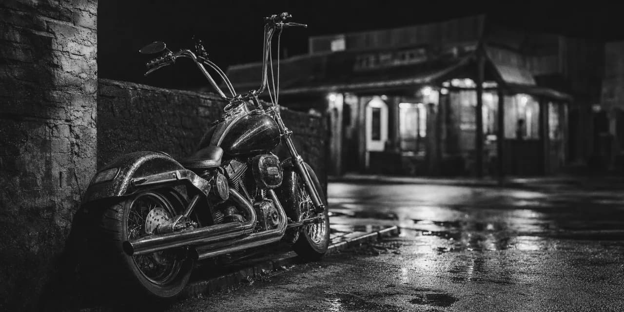 Black and white cinematic concept image of a heavy American cruiser motorcycle with high handlebars outside a dive bar