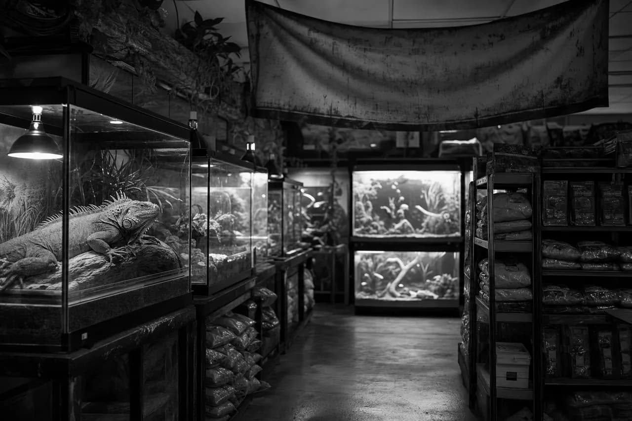 Black and white pet store interior with reptile terrariums under heat lamps, glowing aquarium tanks and shelves of pet supplies