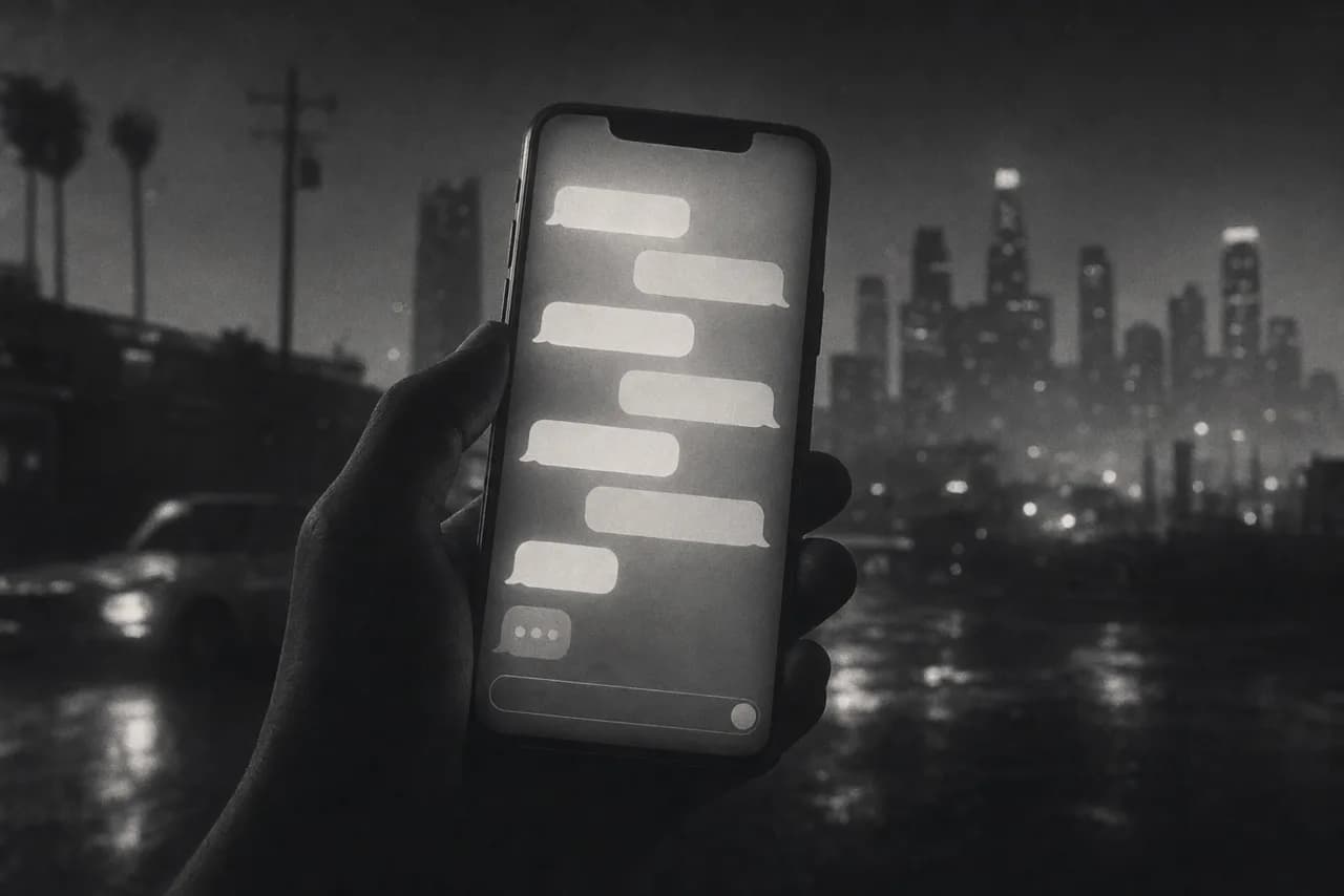 Black and white phone held in the dark showing a glowing messaging screen of abstract chat bubbles