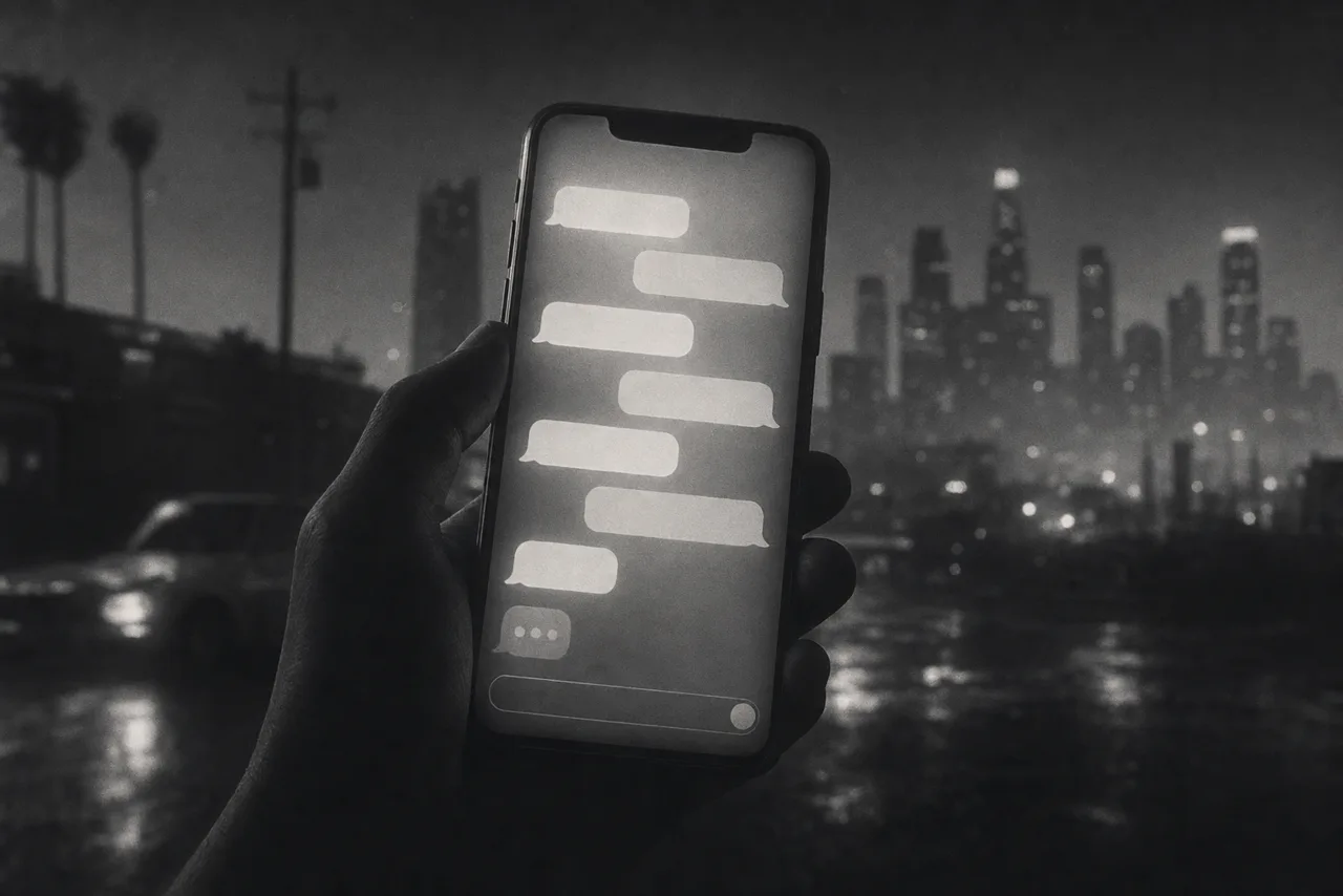 Black and white phone held in the dark showing a glowing messaging screen of abstract chat bubbles