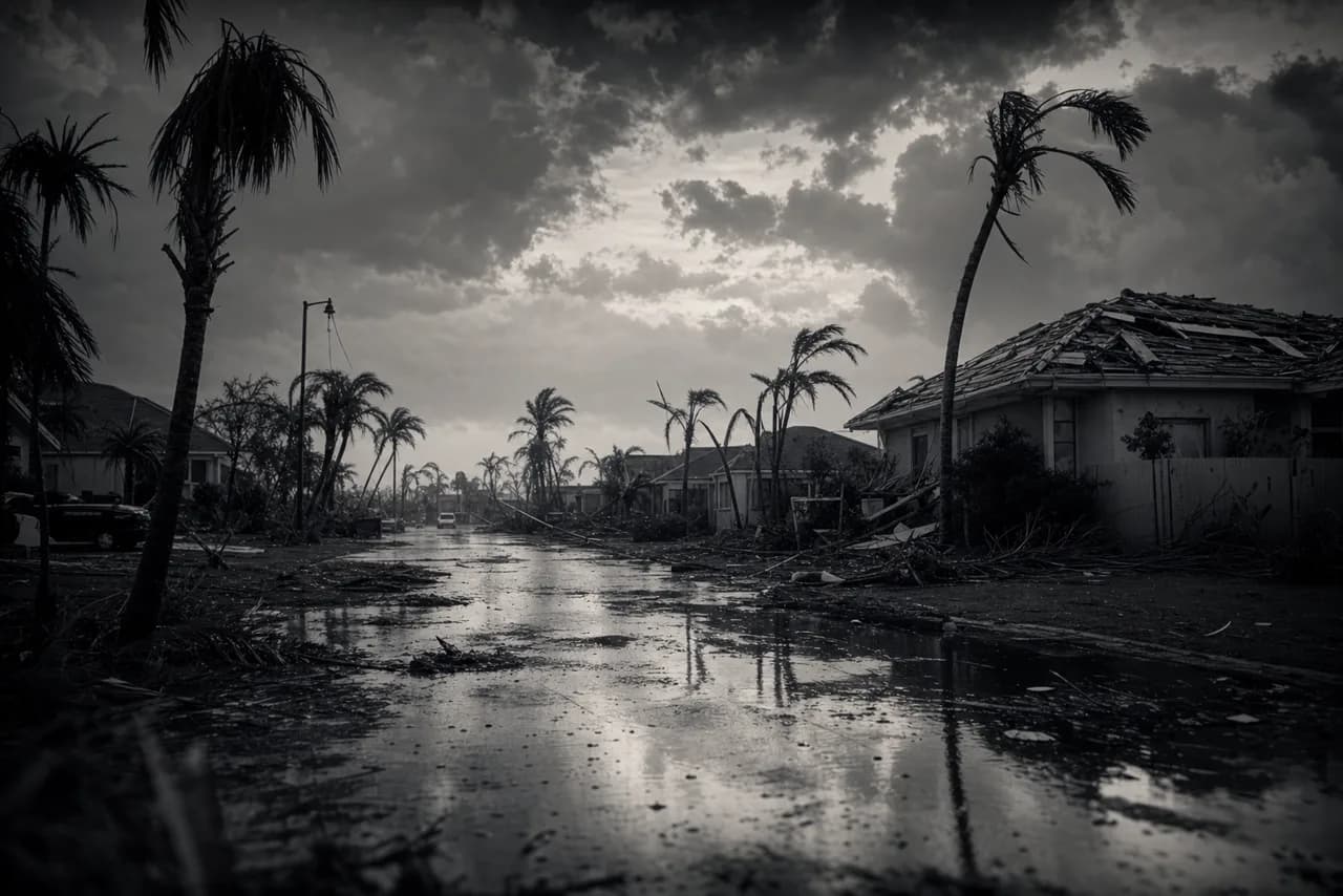 Black and white suburban Florida street after a hurricane with bent palm trees, a damaged roof and debris under clearing storm clouds