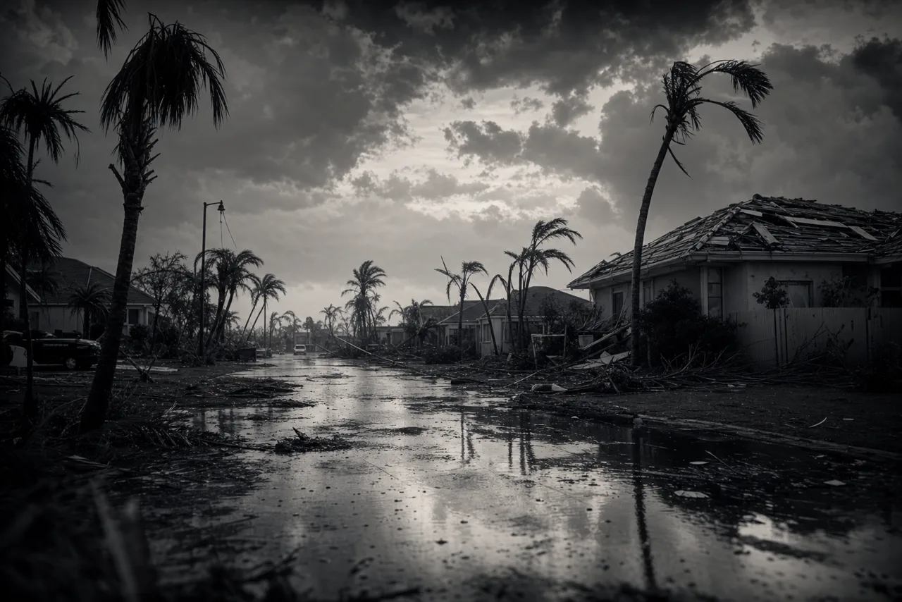 Black and white suburban Florida street after a hurricane with bent palm trees, a damaged roof and debris under clearing storm clouds