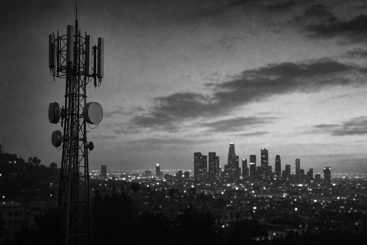 Black and white cellular antenna tower silhouetted at dusk above a hazy sprawling city skyline