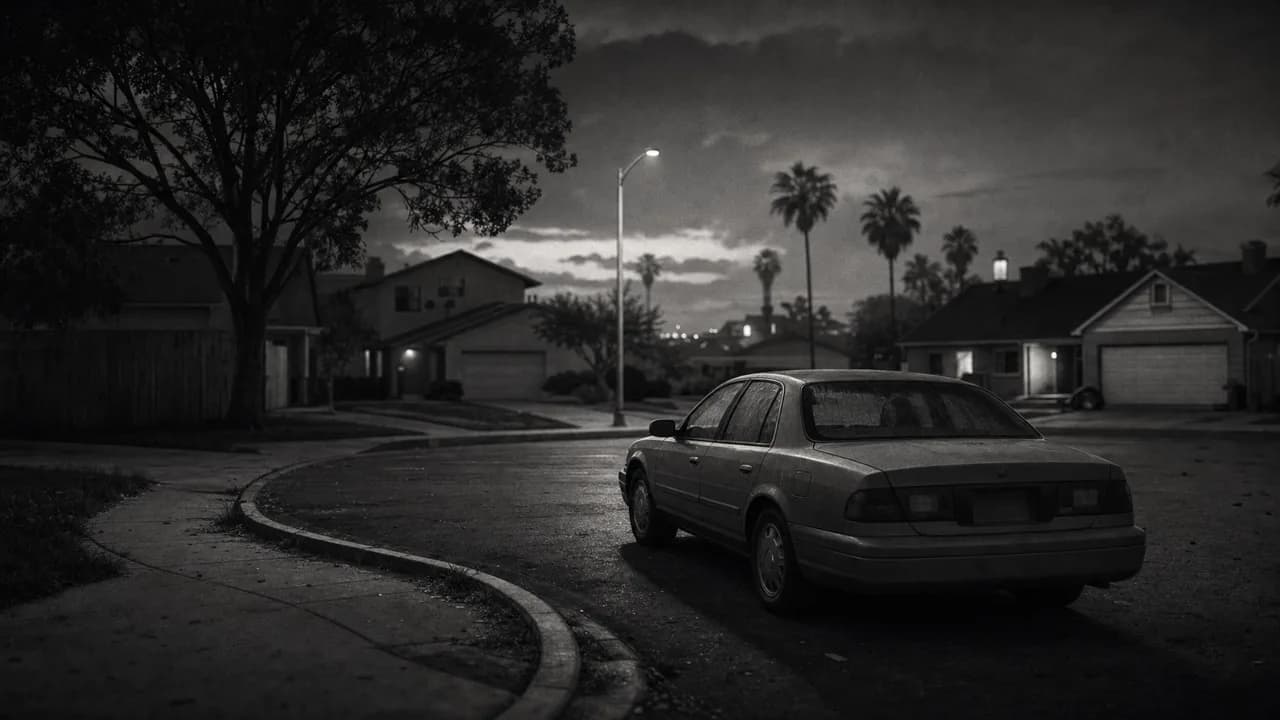 Black and white cinematic concept image of a everyday American mid-size sedan parked in an empty suburban cul-de-sac