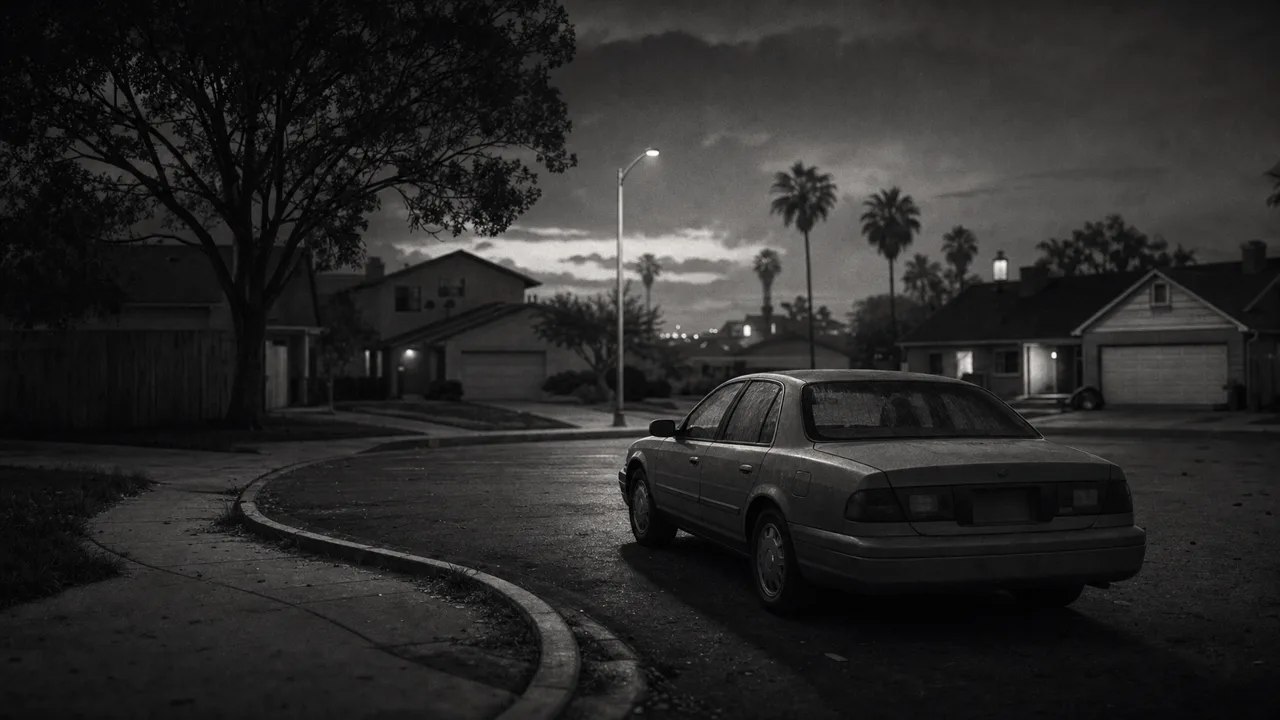 Black and white cinematic concept image of a everyday American mid-size sedan parked in an empty suburban cul-de-sac