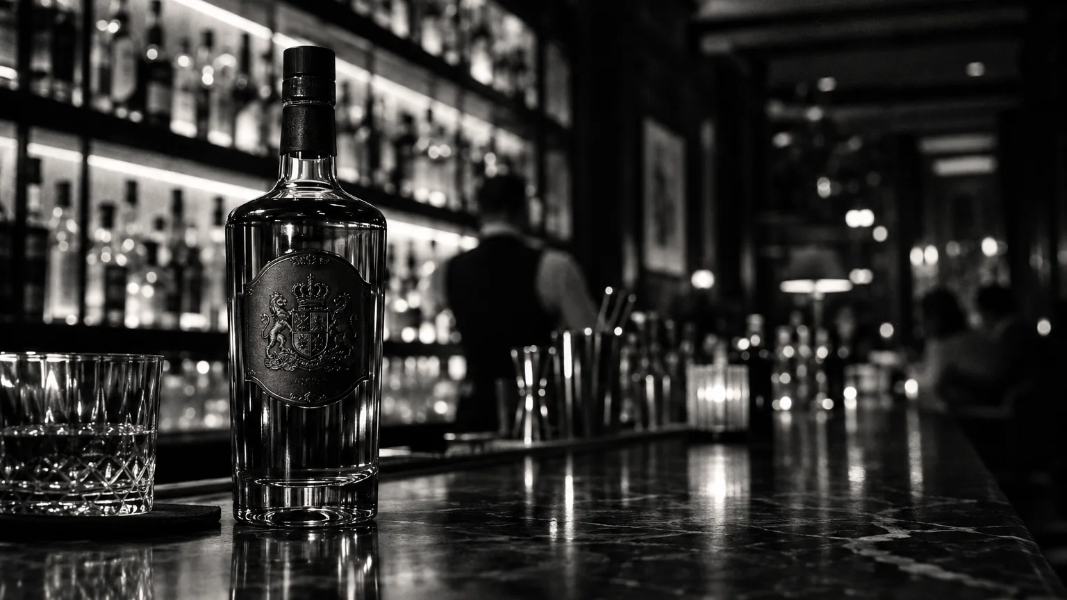 Black and white photo of a whisky bottle with a crest embossed label, sitting under warm shelf lighting