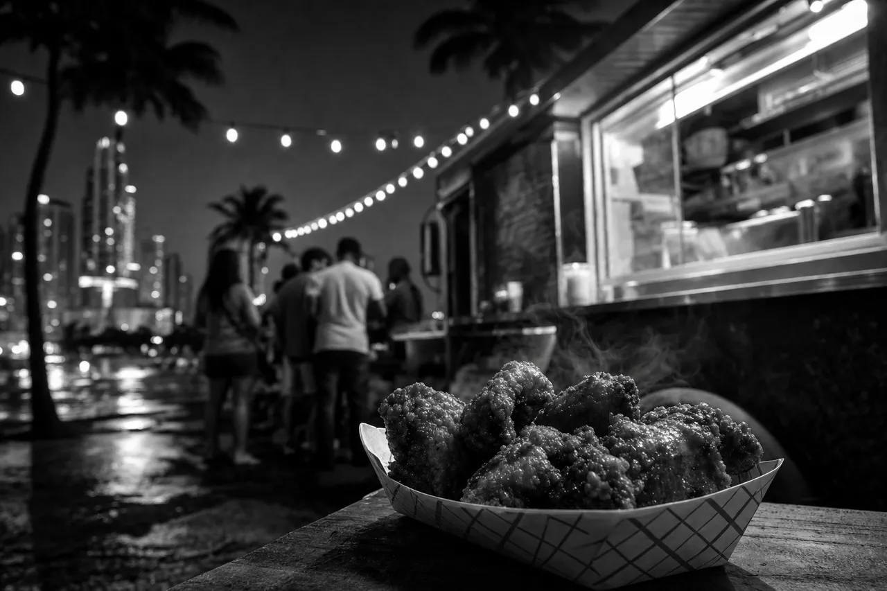Black and white cinematic night shot of a fried chicken food truck with string lights and a paper boat of crispy chicken