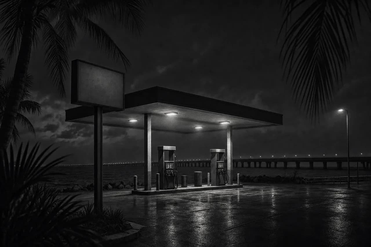 Black and white small modern gas station on a Florida Keys causeway at night with two pumps under a low canopy and a distant bridge over dark water
