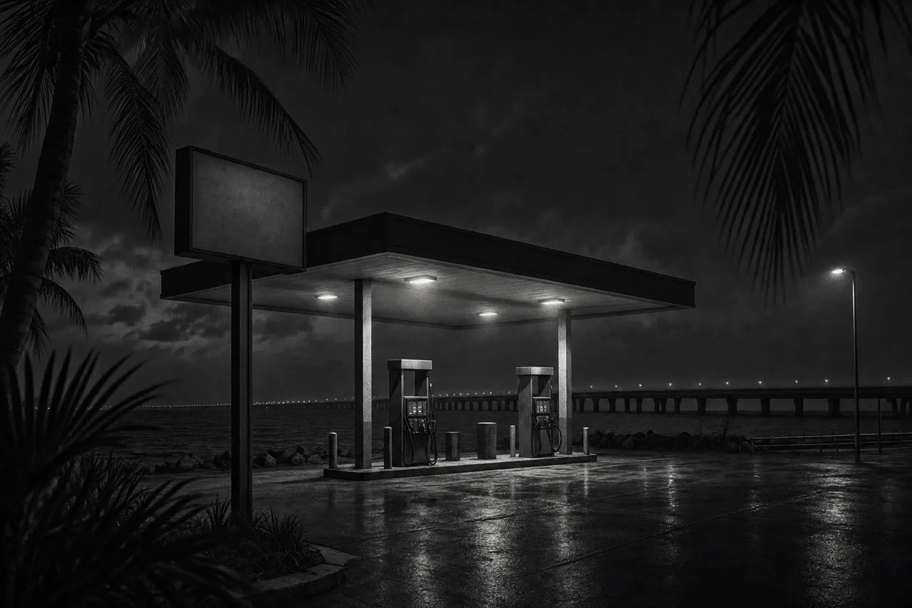 Black and white small modern gas station on a Florida Keys causeway at night with two pumps under a low canopy and a distant bridge over dark water