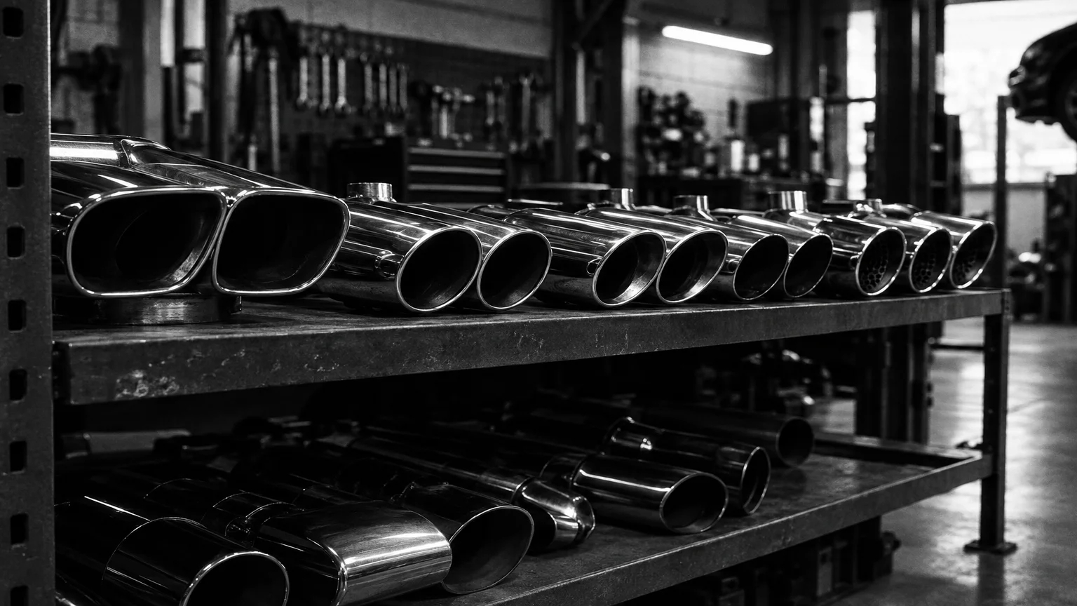 Black and white cinematic photograph of chrome exhaust tips lined up on a workshop rack