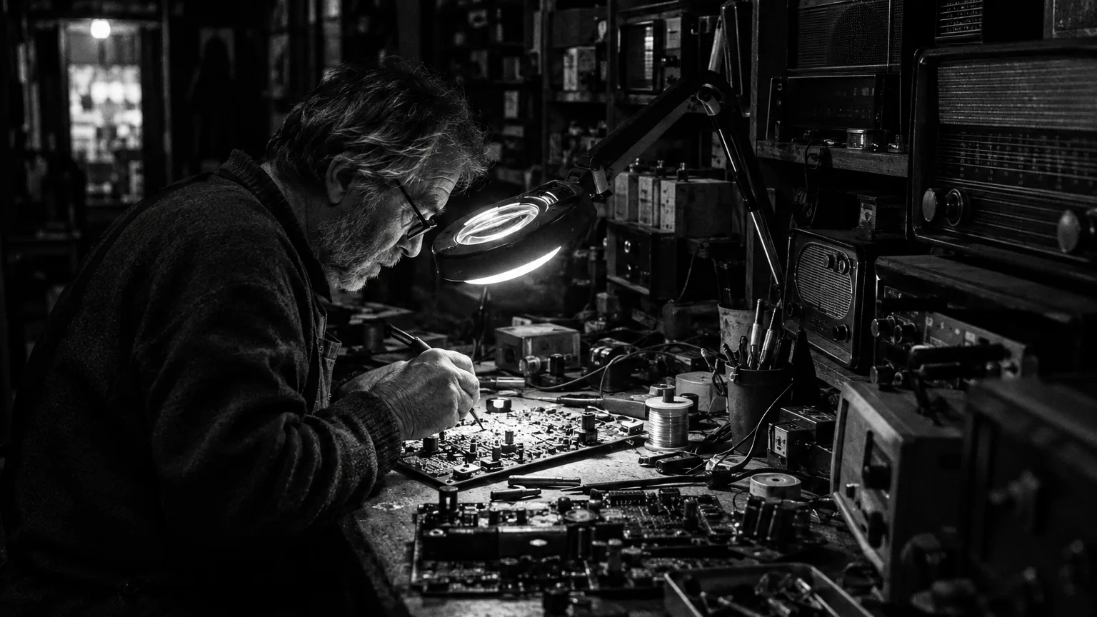 Black and white cinematic photograph of a small electronics repair shop counter crowded with parts and old radios