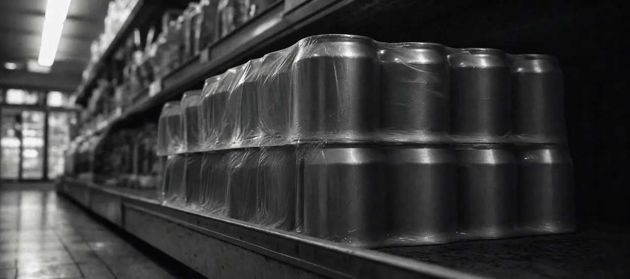 Black and white cinematic close-up of a shrink-wrapped multipack of budget soda cans on a convenience store shelf