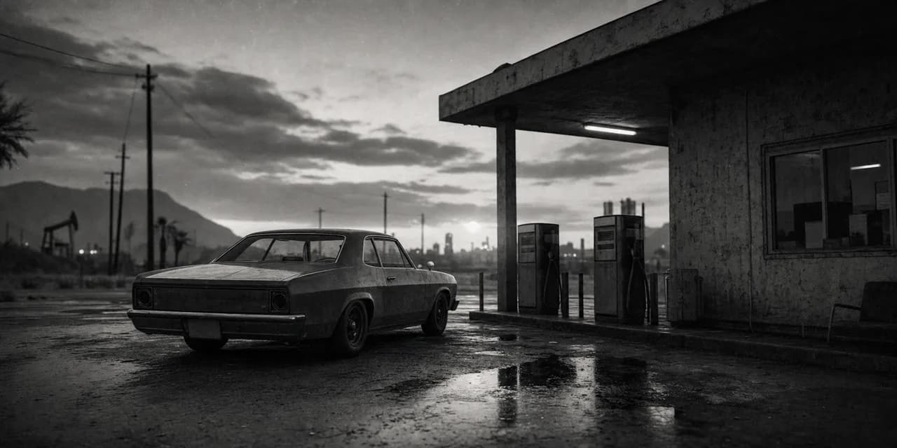 Black and white cinematic concept image of a retro American compact car parked beside a faded gas station at dusk