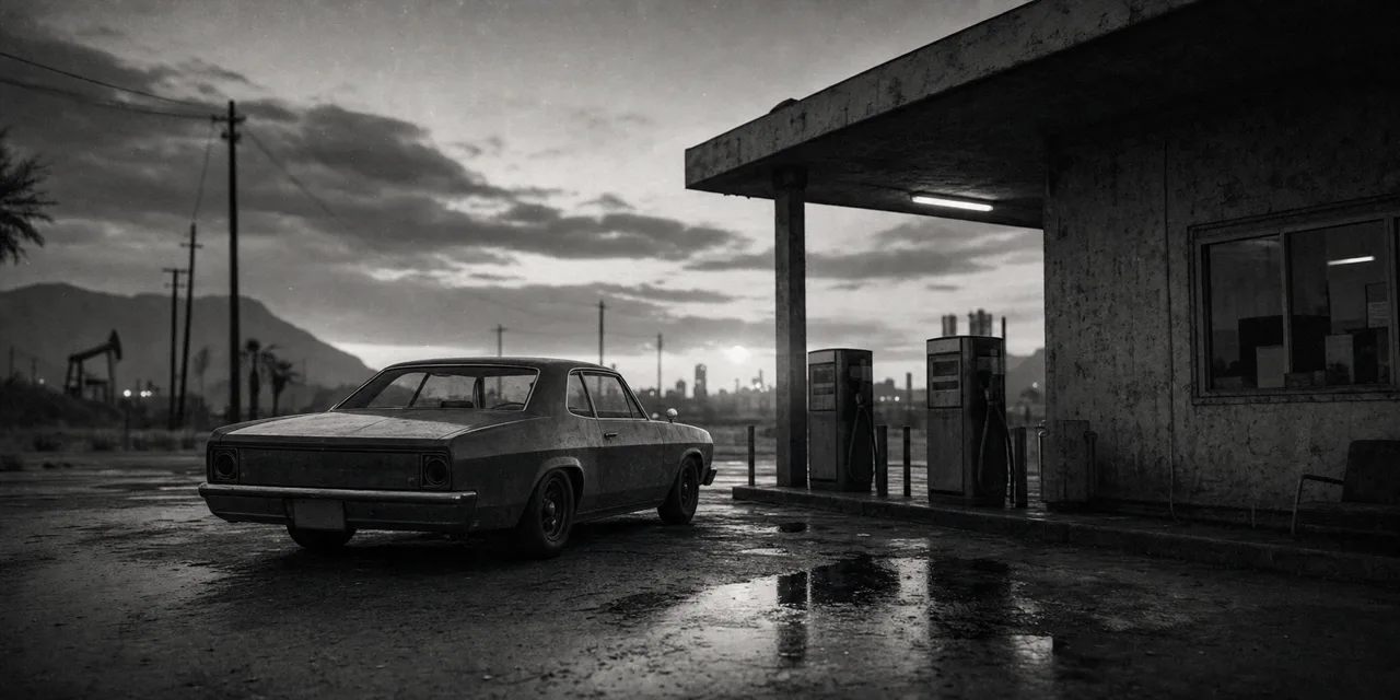 Black and white cinematic concept image of a retro American compact car parked beside a faded gas station at dusk