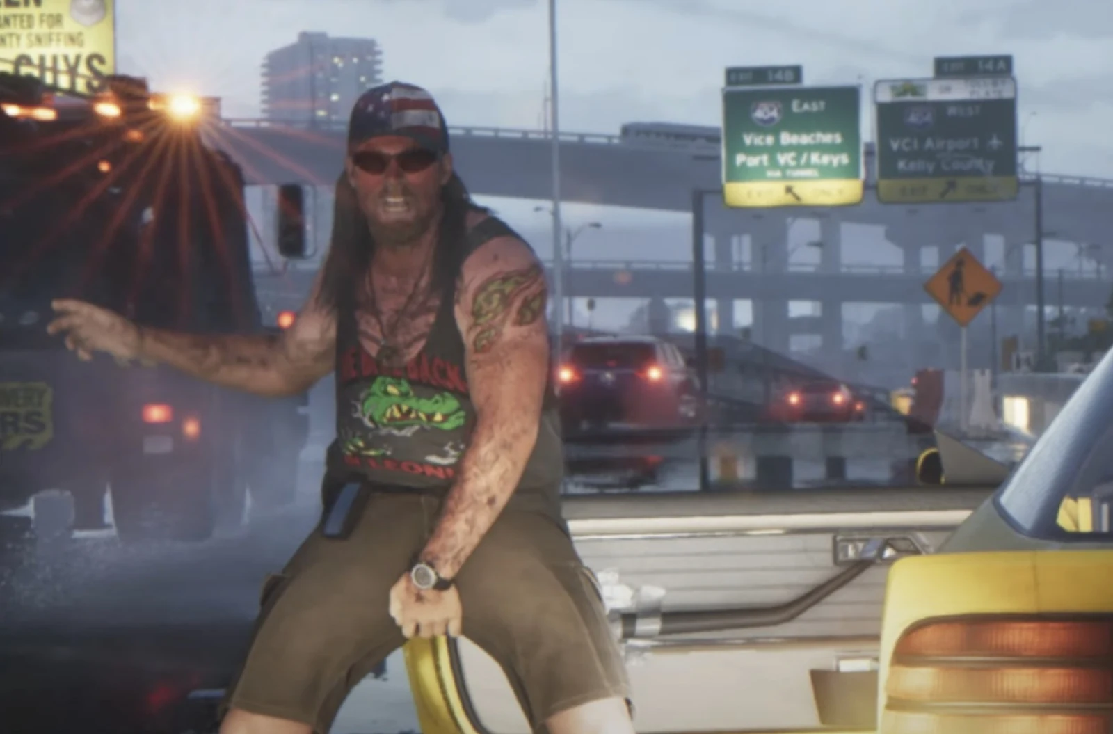 Bearded shirtless NPC in jorts walking along a Vice Beach sidewalk in Trailer 1.