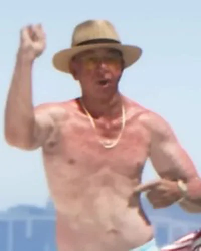 Shirtless middle-aged man in a straw hat dancing at a Vice Beach pool party, Trailer 1.