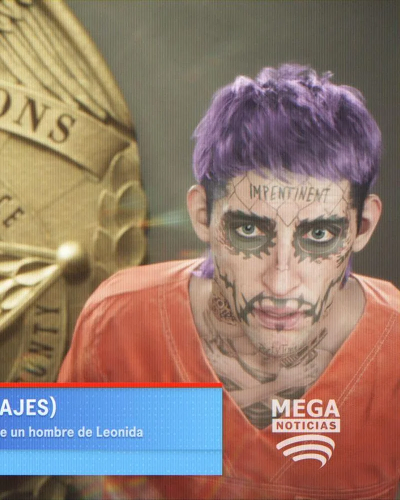 Heavily tattooed inmate in an orange jumpsuit with purple hair, framed inside a Mega Noticias Spanish-language news broadcast graphic.