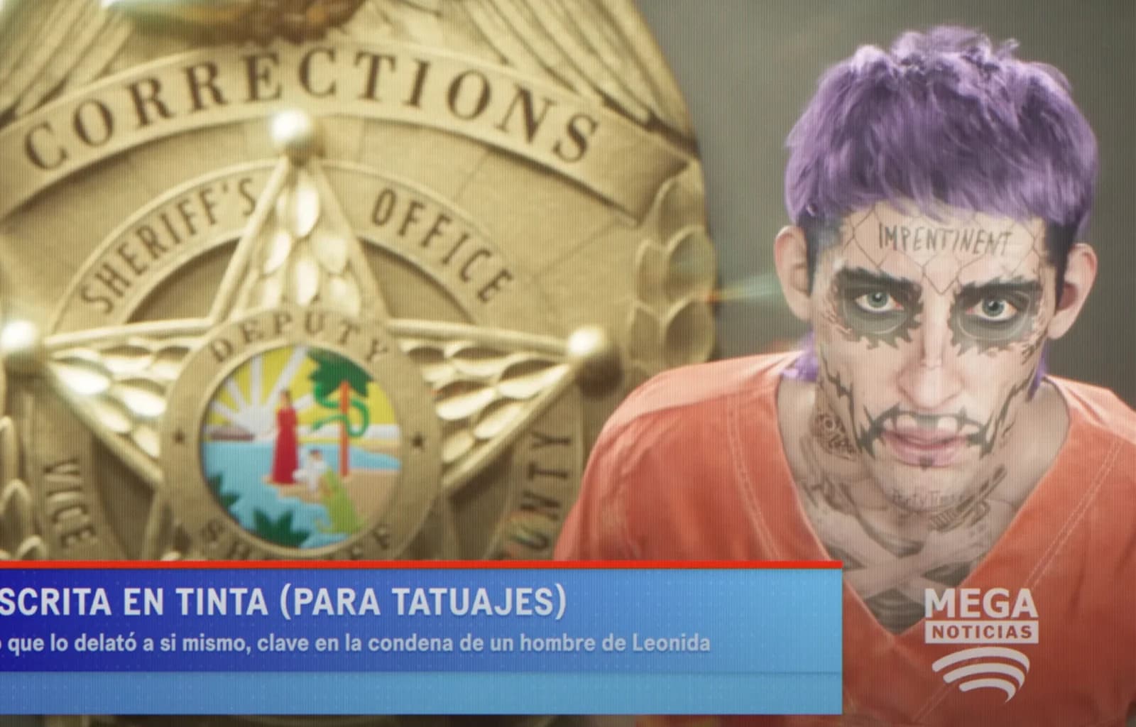 Heavily tattooed inmate in an orange jumpsuit with purple hair, framed inside a Mega Noticias Spanish-language news broadcast graphic.