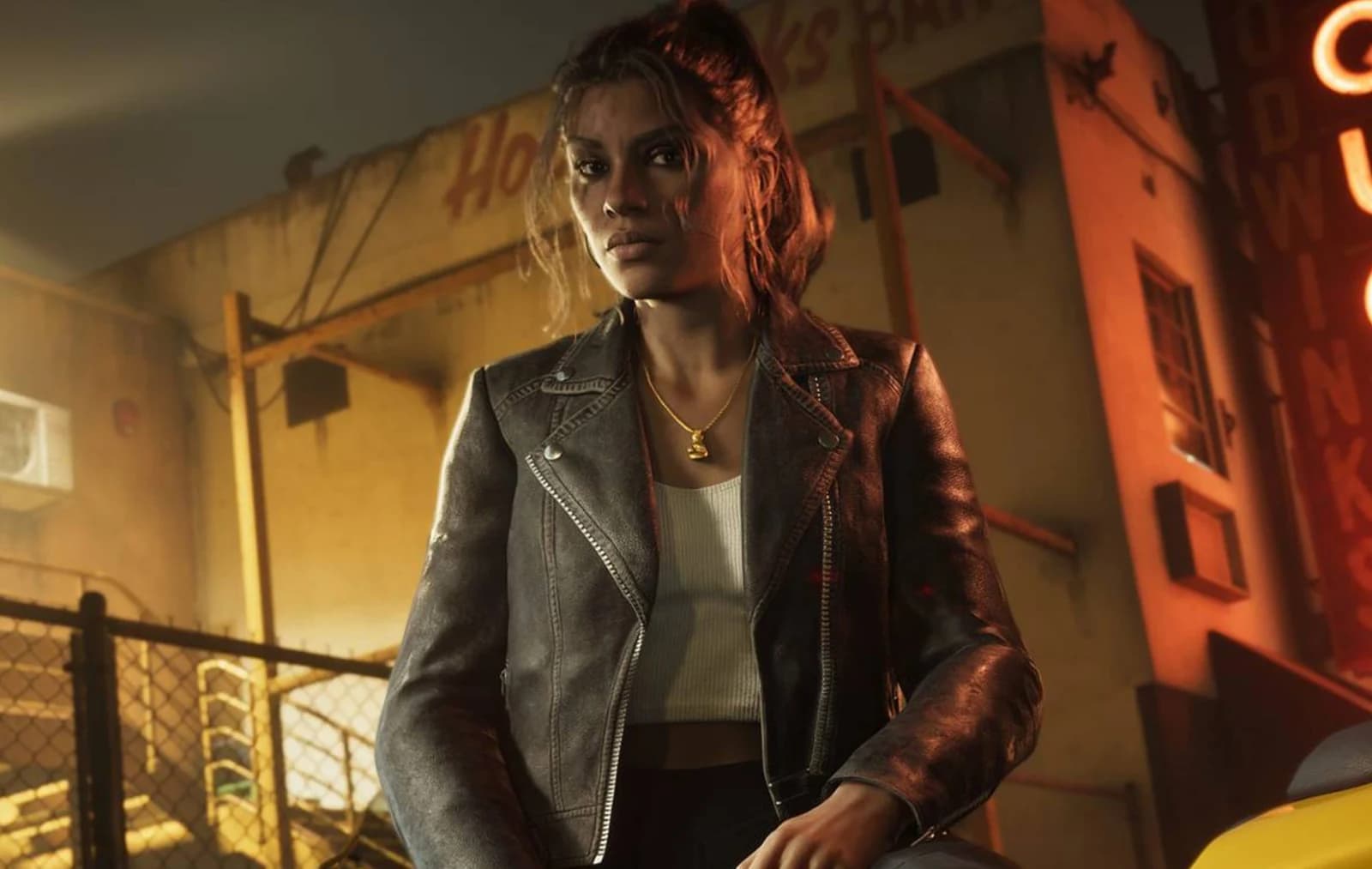 Lucia Caminos sitting on a motorcycle outside a Vice City liquor bar at night, wearing a brown leather jacket.