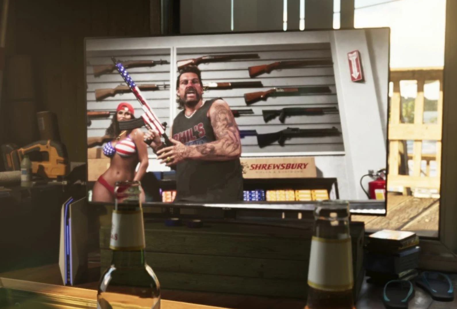 Phil yelling and holding a rifle inside his Ammu-Nation store, gun rack visible behind him, mustache and tank top.