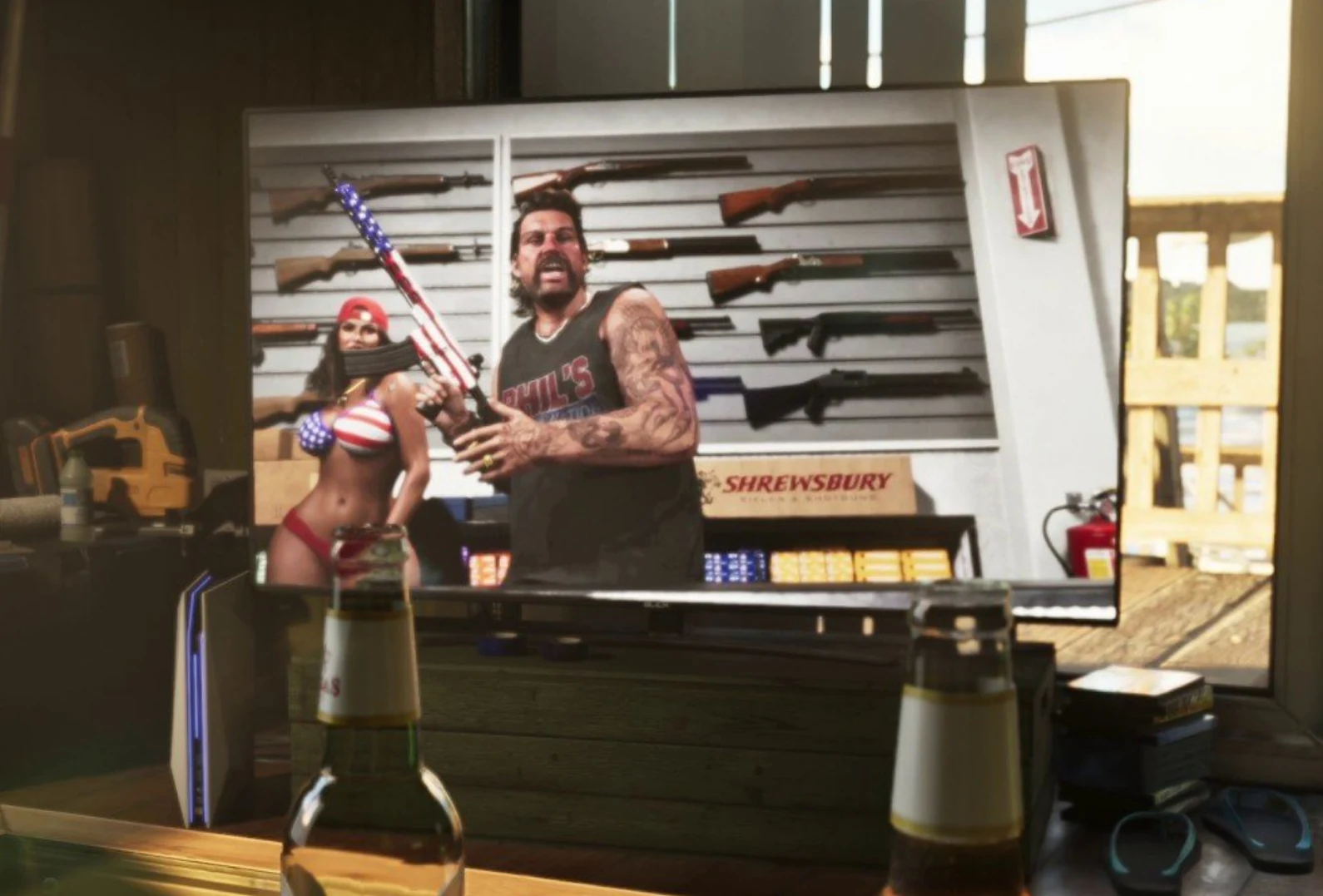 Phil yelling and holding a rifle inside his Ammu-Nation store, gun rack visible behind him, mustache and tank top.
