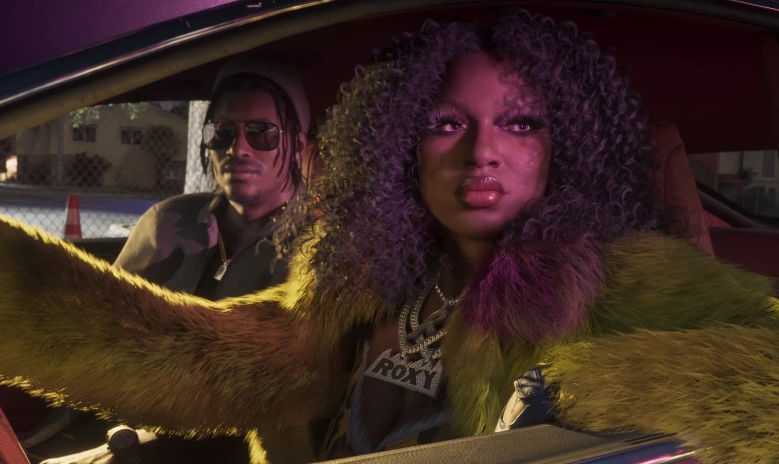 Roxy in the passenger seat of a car at night, wearing a yellow and purple fur coat with a chunky "ROXY" diamond necklace, hair lit purple by neon.