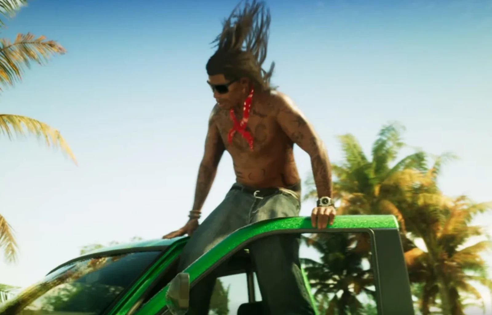 Rudi mid-stunt, climbing out of a green Bravado pickup truck on a Vice City road, long hair blowing in the wind, sunglasses, red bandana around his neck.