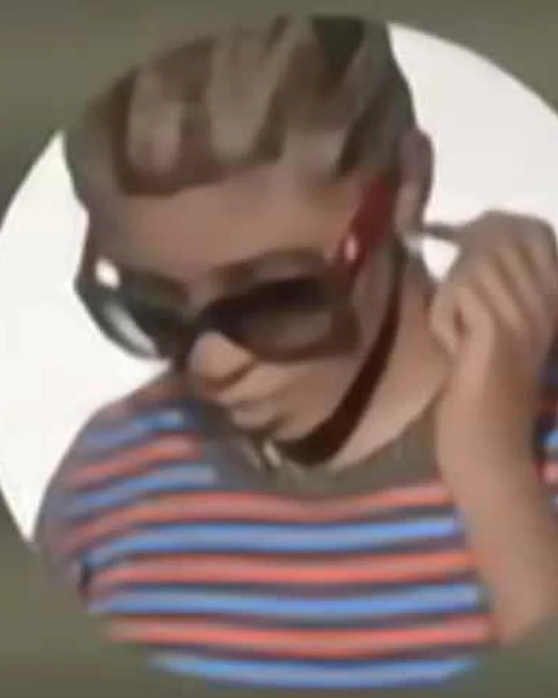 Shanese in a striped tank top and oversized sunglasses, head tilted, captured from a low angle.
