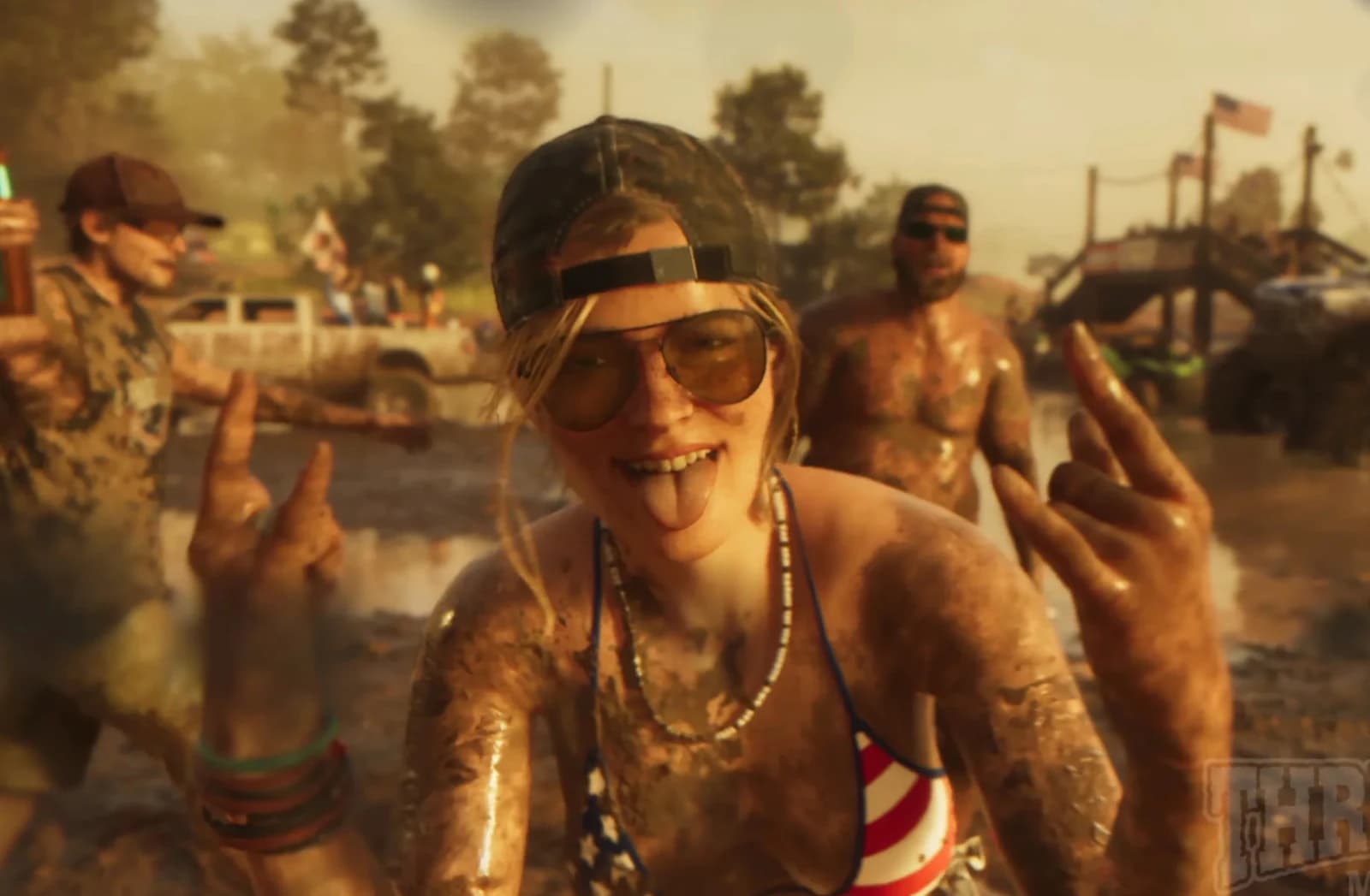 Woman covered in mud cheering at the Thrillbilly mud festival, Trailer 2.